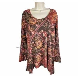 Soft Surroundings Red Ribbed Floral Sweater Knit Tunic Top A-Line Sz Medium